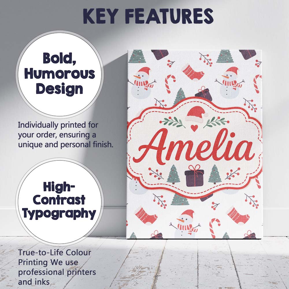 Personalised Name Cute Snowman Christmas Custom  Unique Gift Idea Elegant Feature Canvas Wall Art Print Decor Picture Ready to Hang