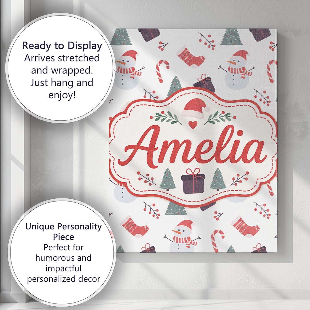Personalised Name Cute Snowman Christmas Custom  Unique Gift Idea Elegant Feature Canvas Wall Art Print Decor Picture Ready to Hang