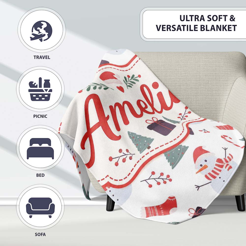 Cute Snowman Christmas Tree Candy Cane Seamless Pattern Lovely  Personalised Custom Name Super Soft Fleece Blanket Bed Sofa Throw