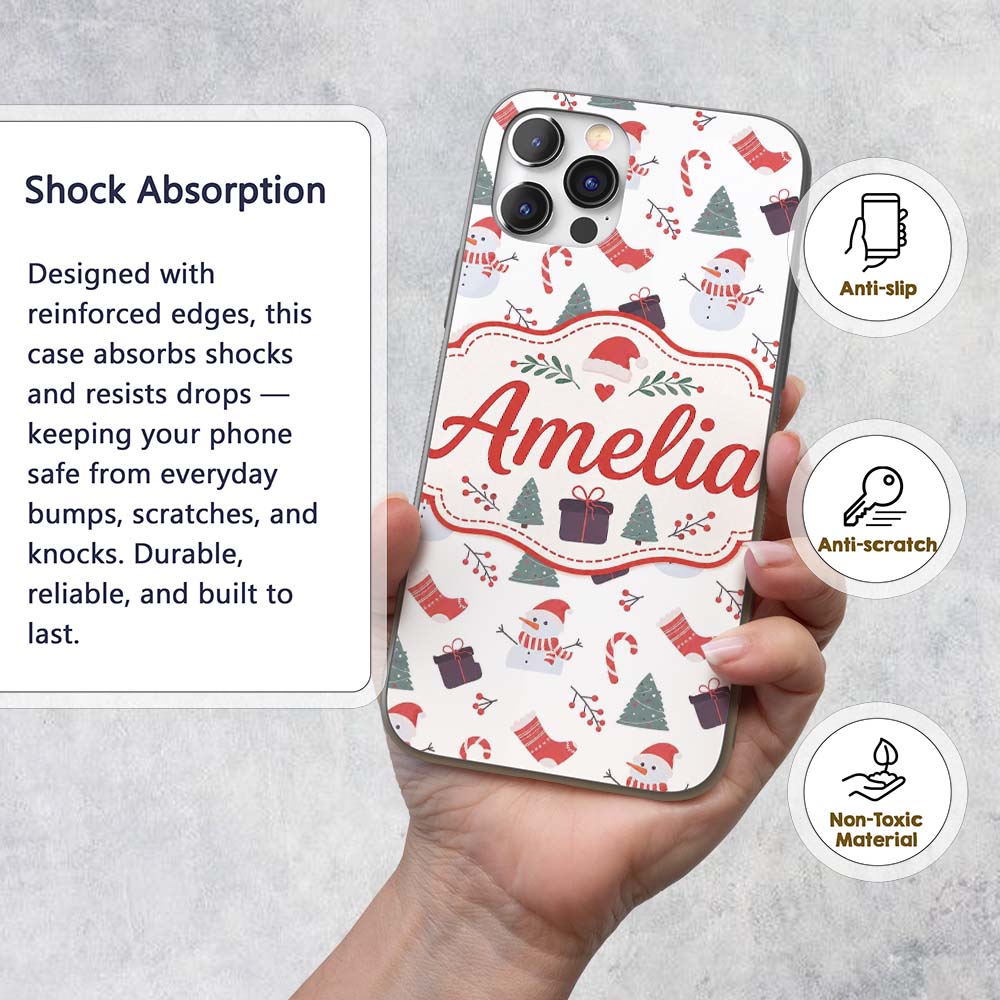 Cute Snowman Christmas Tree Candy Cane Seamless Custom Name Protective Phone Case Mobile Cover Durable Everyday Smartphone Shock Resistant
