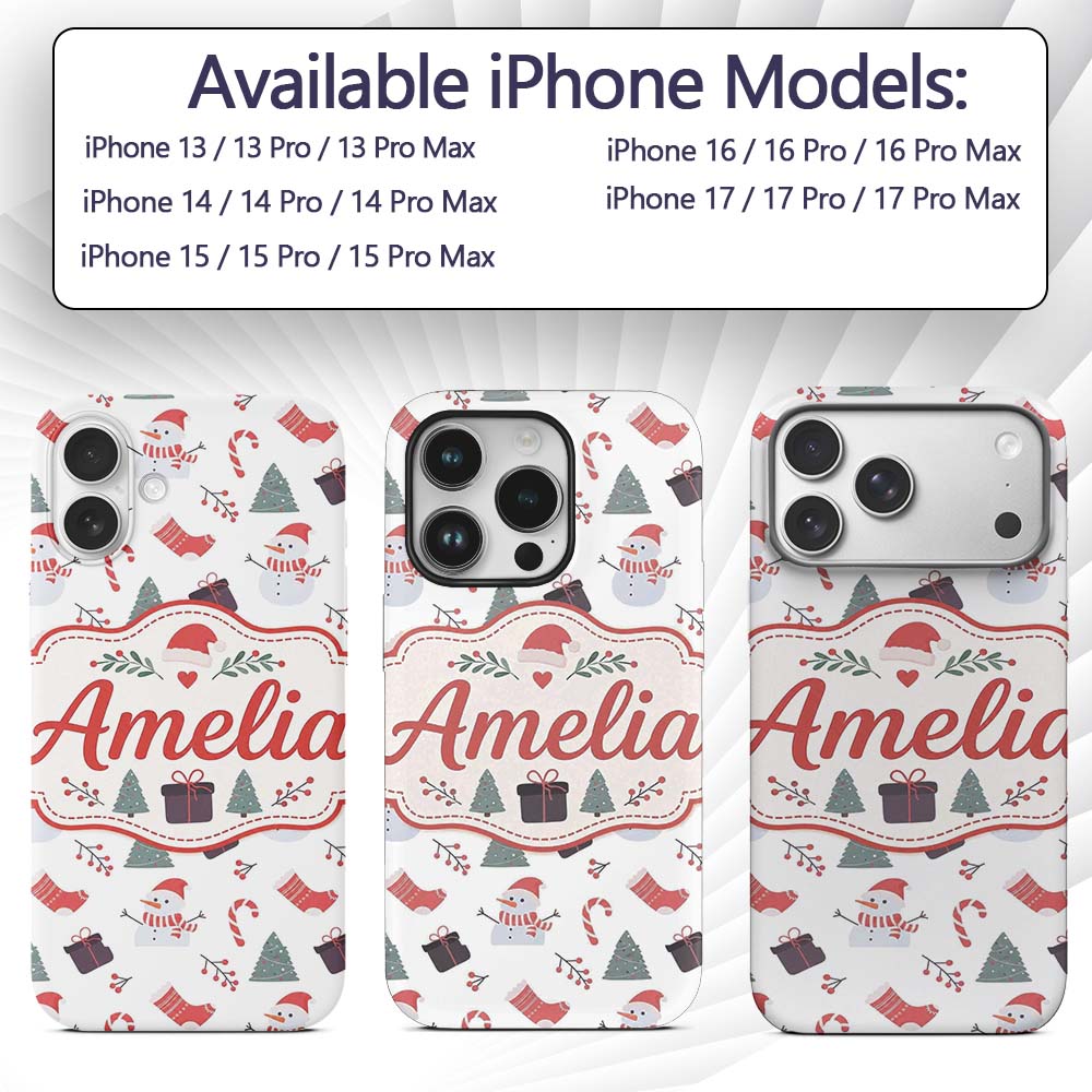 Cute Snowman Christmas Tree Candy Cane Seamless Custom Name Protective Phone Case Mobile Cover Durable Everyday Smartphone Shock Resistant