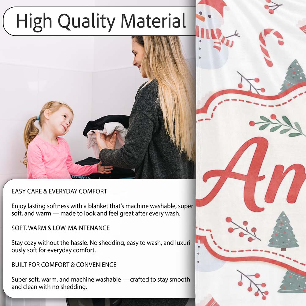 Cute Snowman Christmas Tree Candy Cane Seamless Pattern Lovely  Personalised Custom Name Super Soft Fleece Blanket Bed Sofa Throw