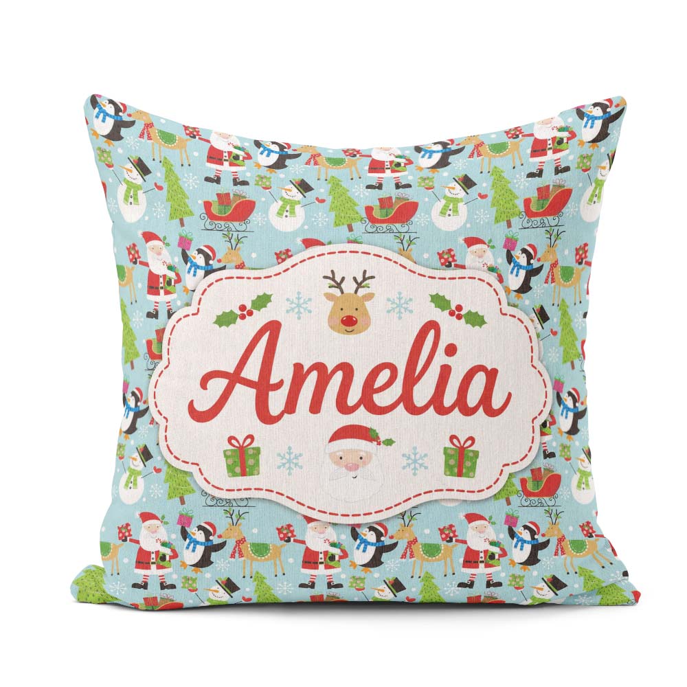 Custom Name Cute Santa Penguin Reindeer Sleigh Seamless Pattern Square Filled Cushion Throw Pillow Sofa Bed Home Decor Zip Washable UK Made