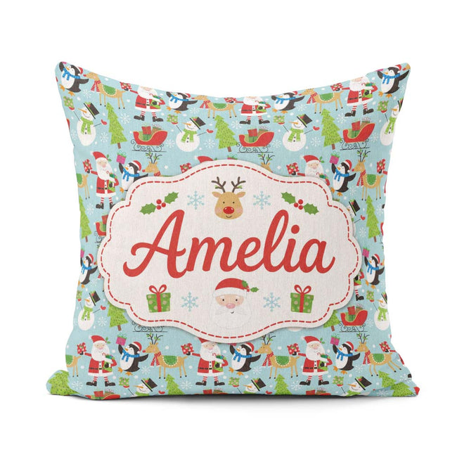 Custom Name Cute Santa Penguin Reindeer Sleigh Seamless Pattern Square Filled Cushion Throw Pillow Sofa Bed Home Decor Zip Washable UK Made