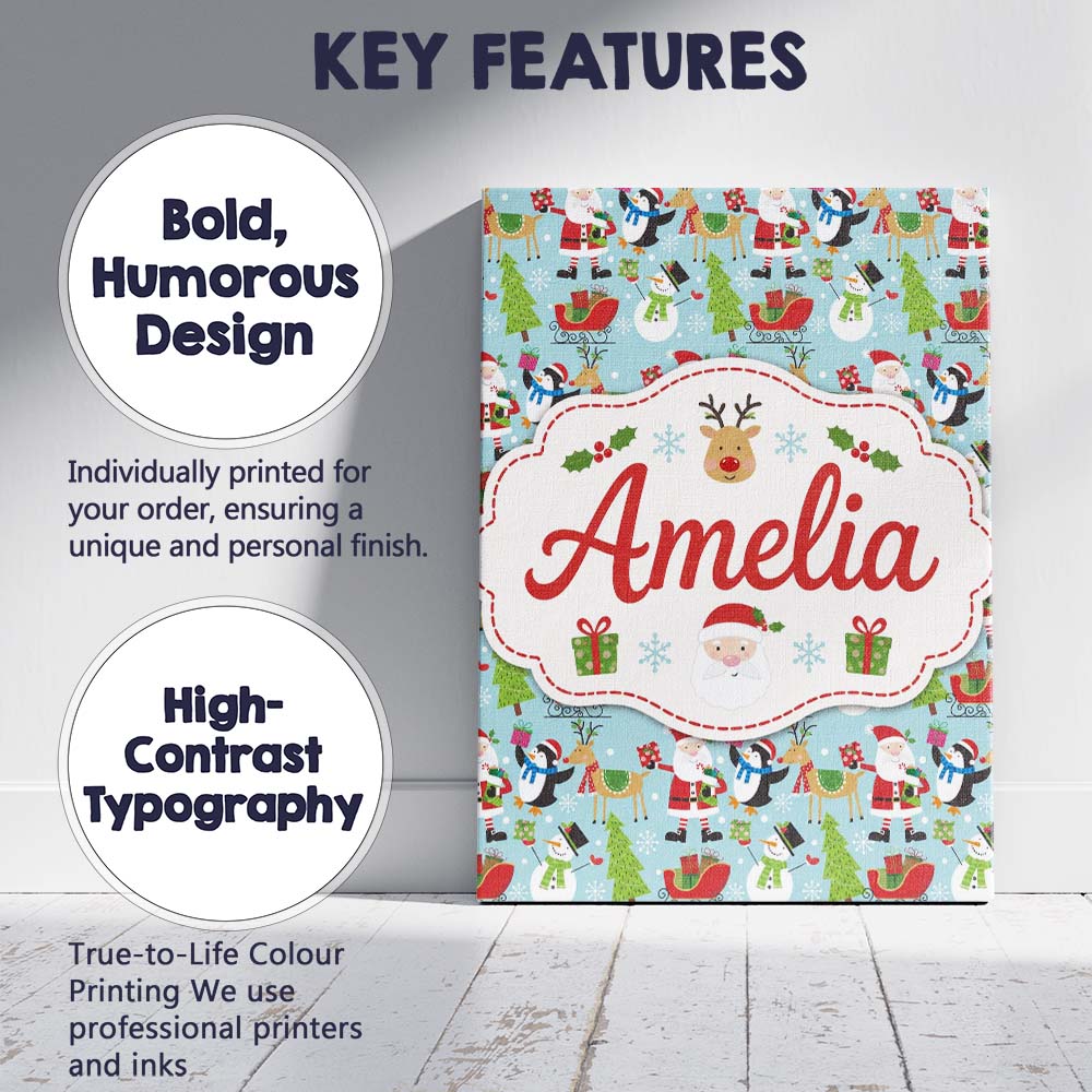 Personalised Name Cute Santa Penguin Custom Premium Decorative Design Modern Room Accent Canvas Wall Art Print Decor Picture Ready to Hang
