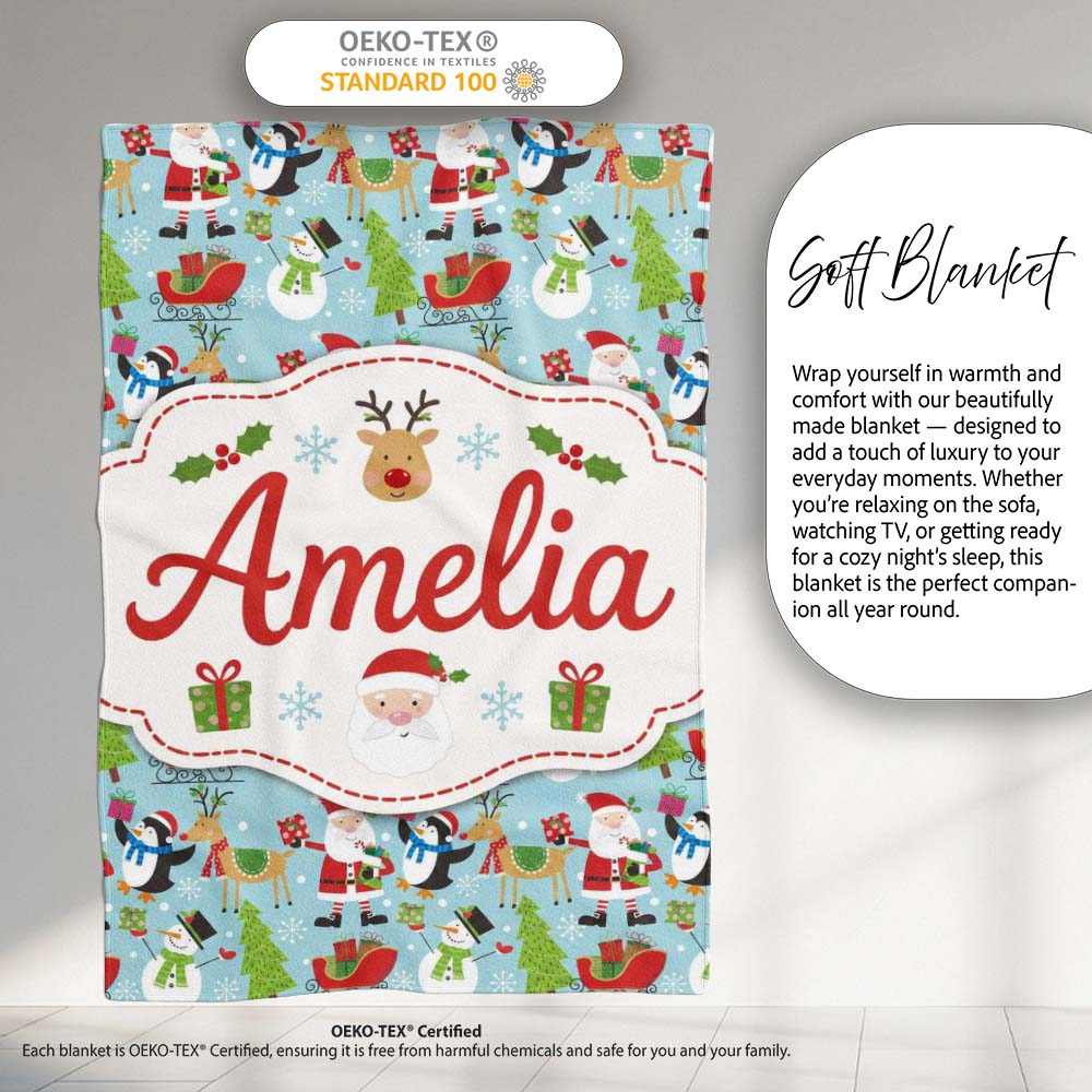 Cute Santa Penguin Reindeer Sleigh Seamless Pattern Cute Unique Gift  Personalised Custom Name Super Soft Fleece Blanket Bed Sofa Throw