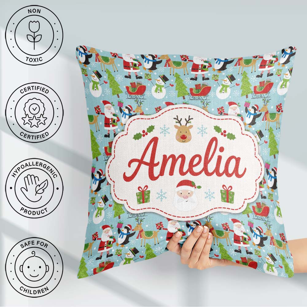 Custom Name Cute Santa Penguin Reindeer Sleigh Seamless Pattern Square Filled Cushion Throw Pillow Sofa Bed Home Decor Zip Washable UK Made