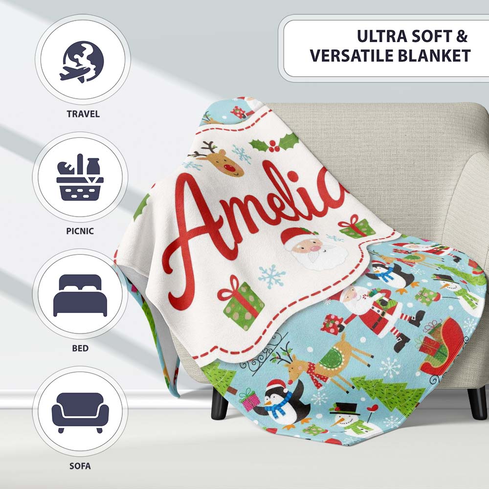 Cute Santa Penguin Reindeer Sleigh Seamless Pattern Cute Unique Gift  Personalised Custom Name Super Soft Fleece Blanket Bed Sofa Throw