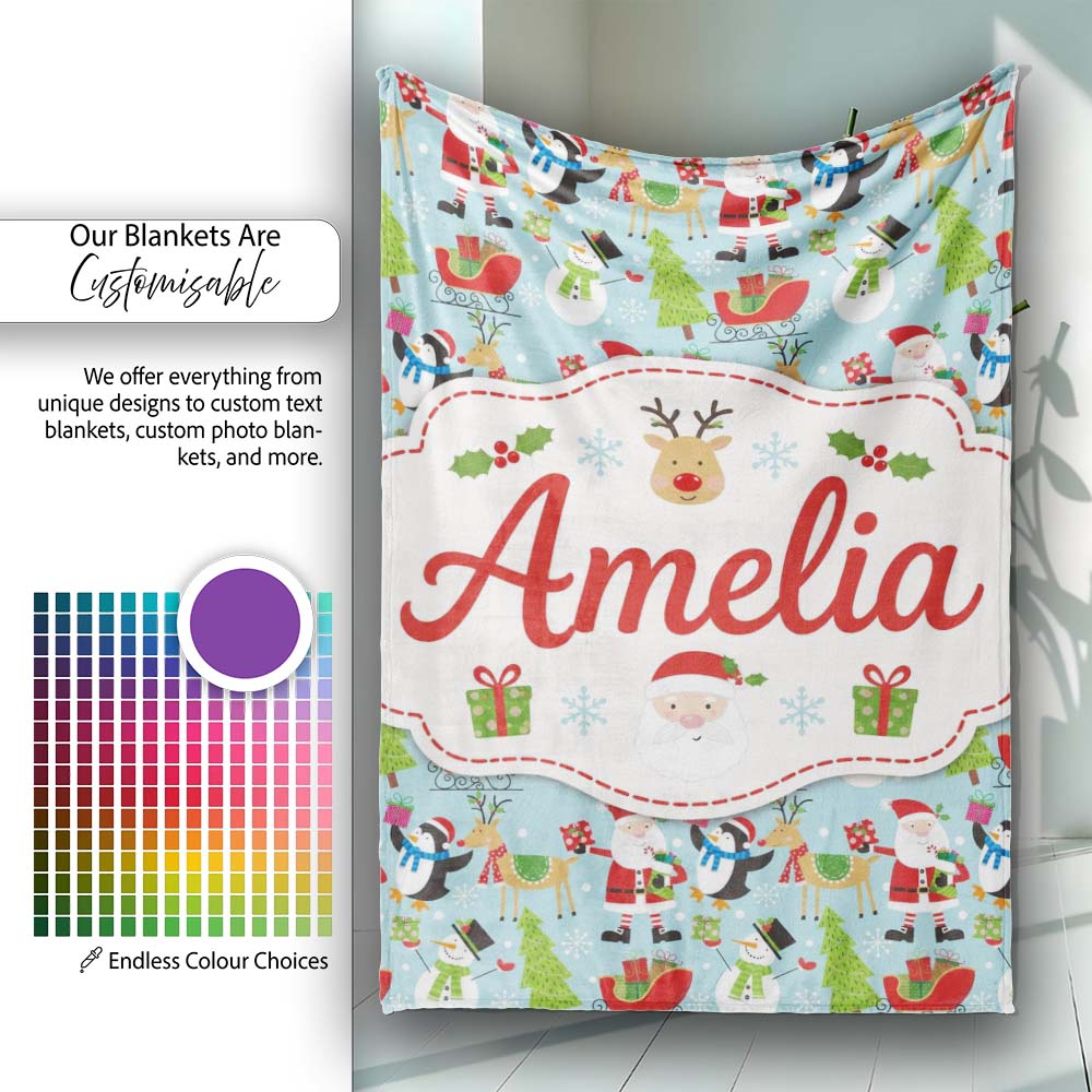 Cute Santa Penguin Reindeer Sleigh Seamless Pattern Cute Unique Gift  Personalised Custom Name Super Soft Fleece Blanket Bed Sofa Throw