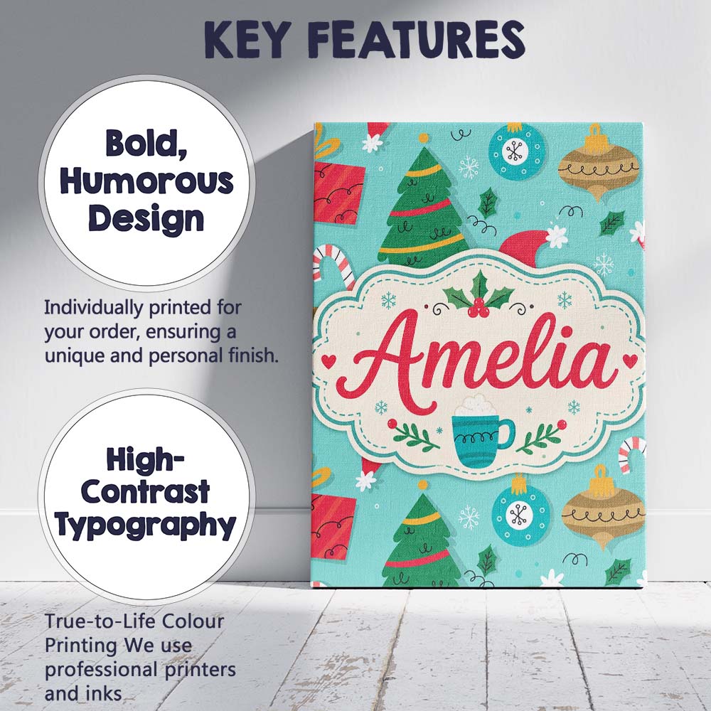 Personalised Name Christmas Candy Cane Custom  Modern Room Accent Elegant Feature Canvas Wall Art Print Decor Picture Ready to Hang