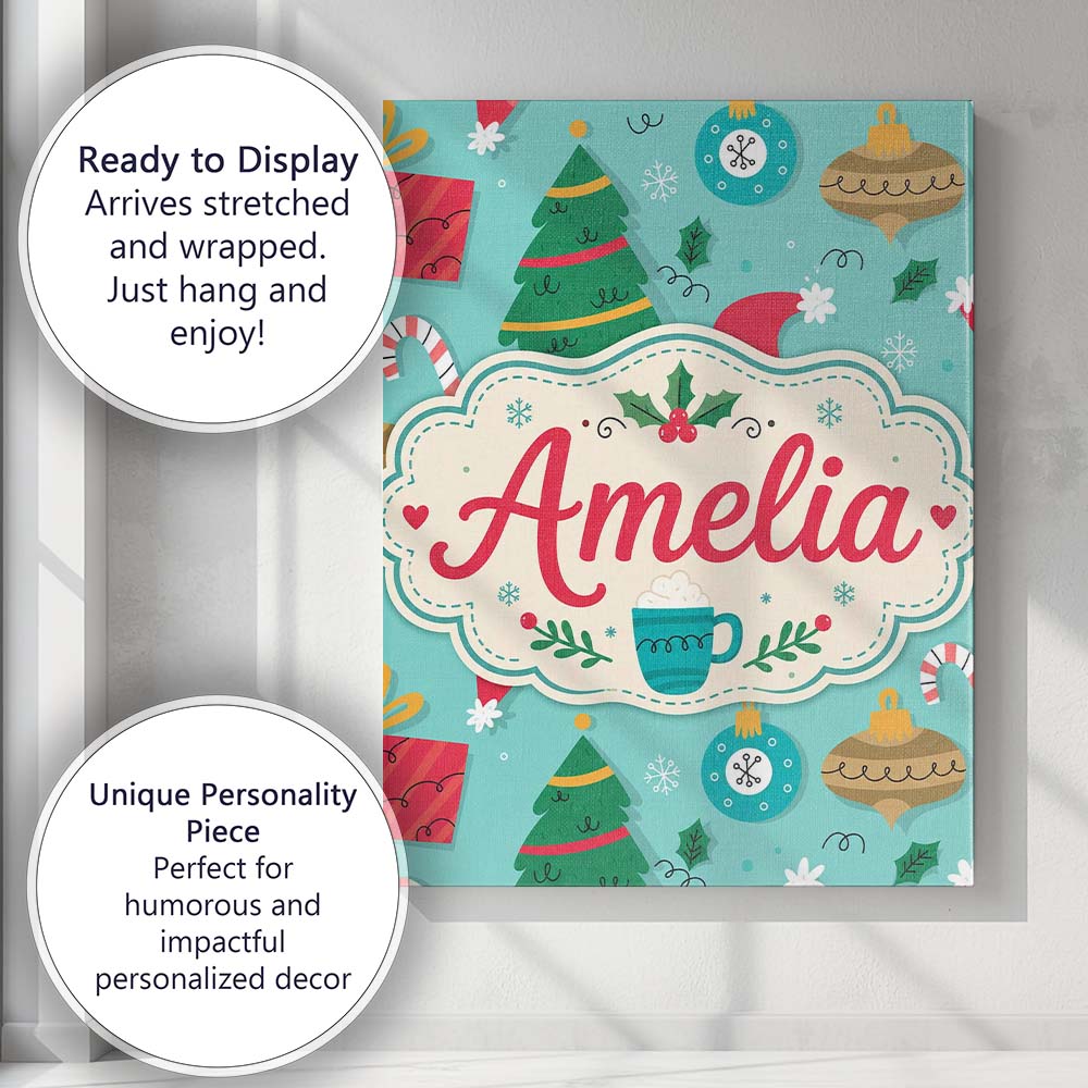 Personalised Name Christmas Candy Cane Custom  Modern Room Accent Elegant Feature Canvas Wall Art Print Decor Picture Ready to Hang