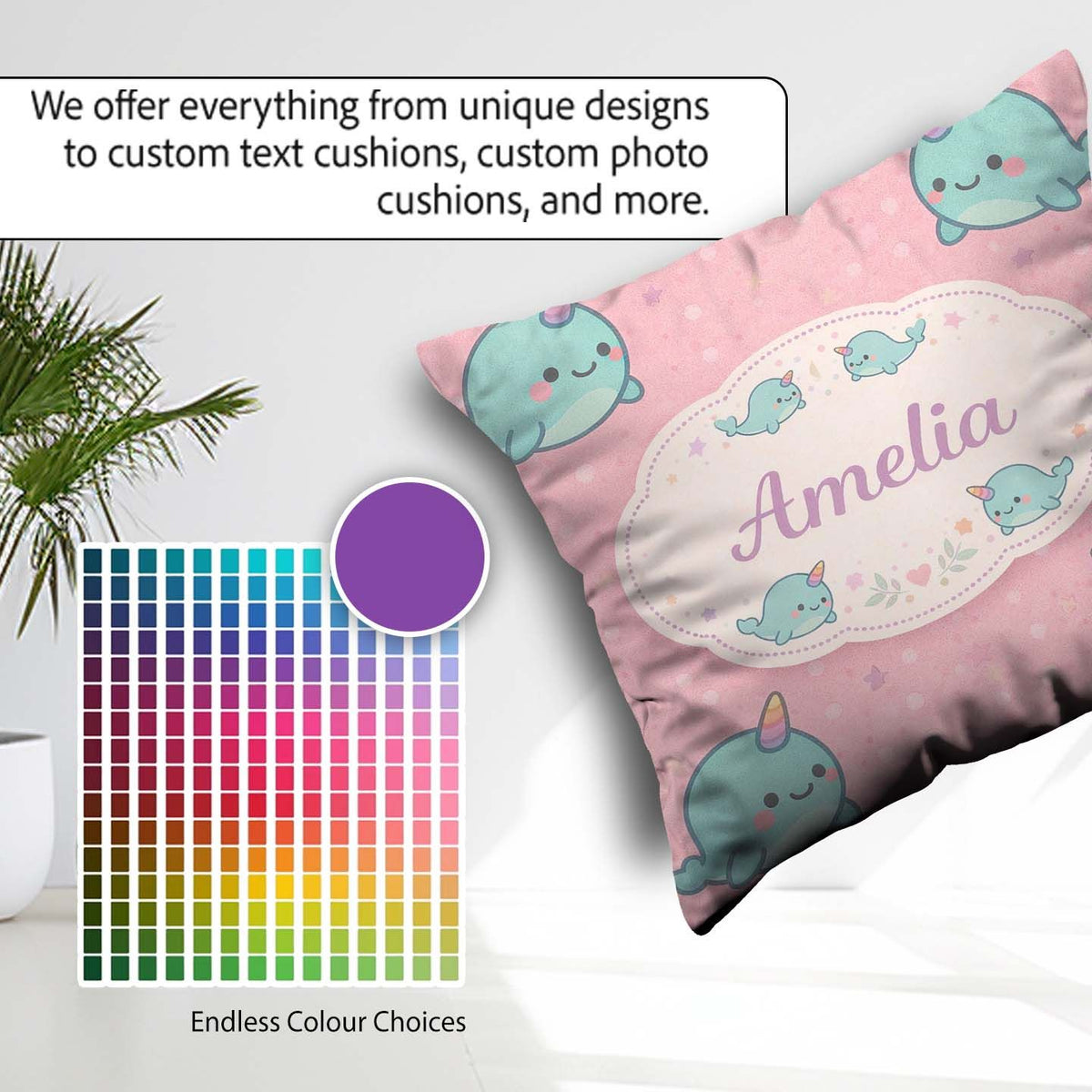 Custom Name Cute Narwhal Unicorn Whale Cartoon Animal Pattern Square Filled Cushion Throw Pillow Sofa Bed Home Decor Zip Washable UK Made