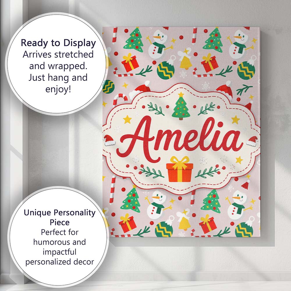Personalised Name Cute Snowman Christmas Custom  Unique Gift Idea Elegant Feature Canvas Wall Art Print Decor Picture Ready to Hang