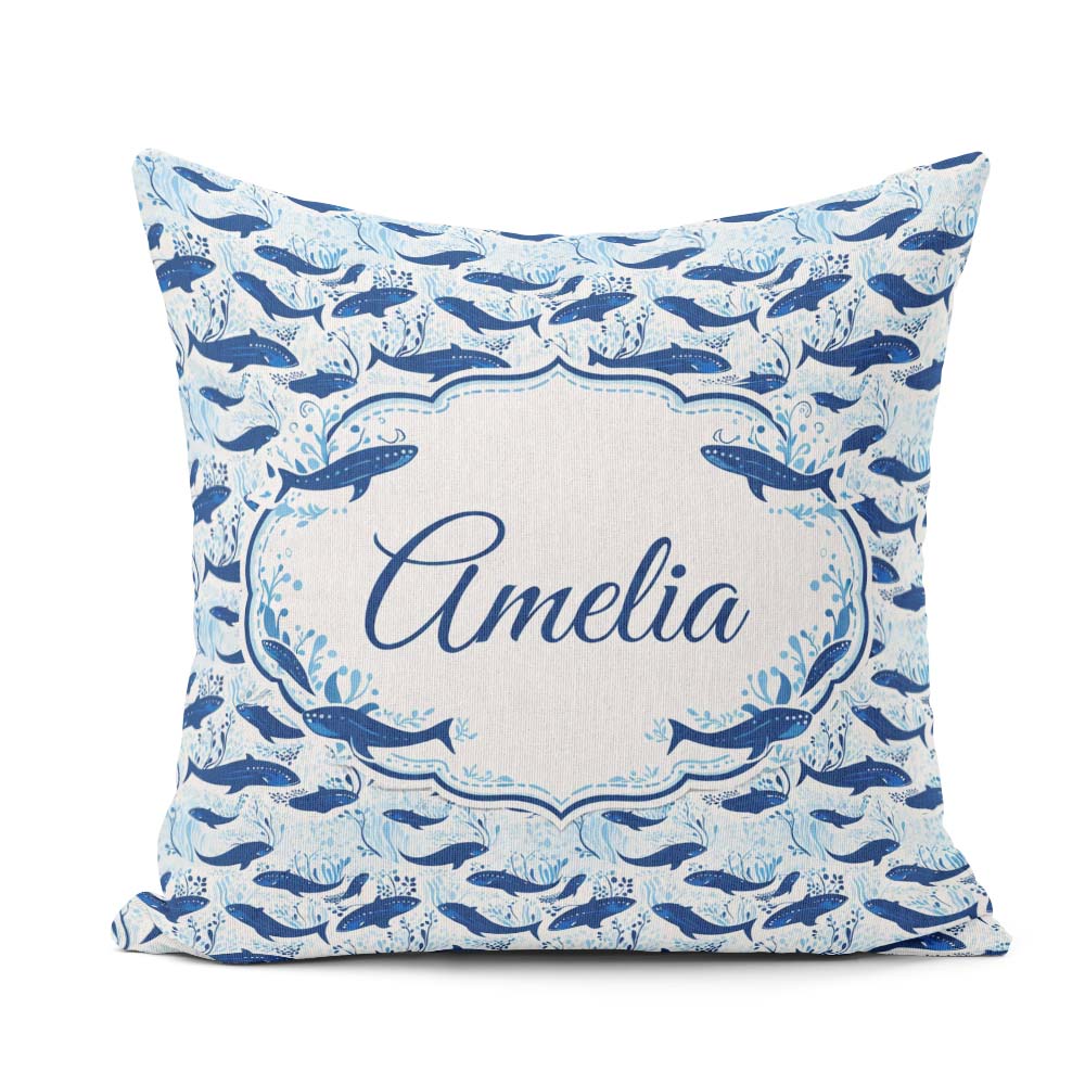 Custom Name Beige Whale Ocean Seamless Pattern Soft Marine Life Square Filled Cushion Throw Pillow Sofa Bed Home Decor Zip Washable UK Made