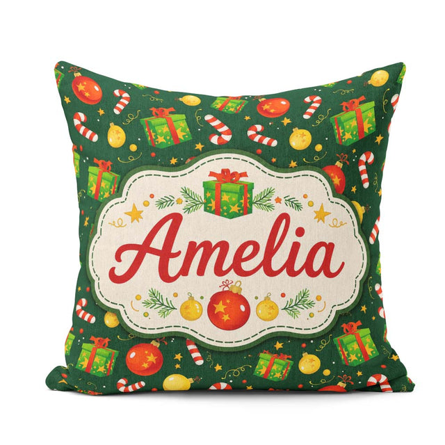Custom Name Christmas Box Candy Cane Ornament Seamless Pattern Square Filled Cushion Throw Pillow Sofa Bed Home Decor Zip Washable UK Made