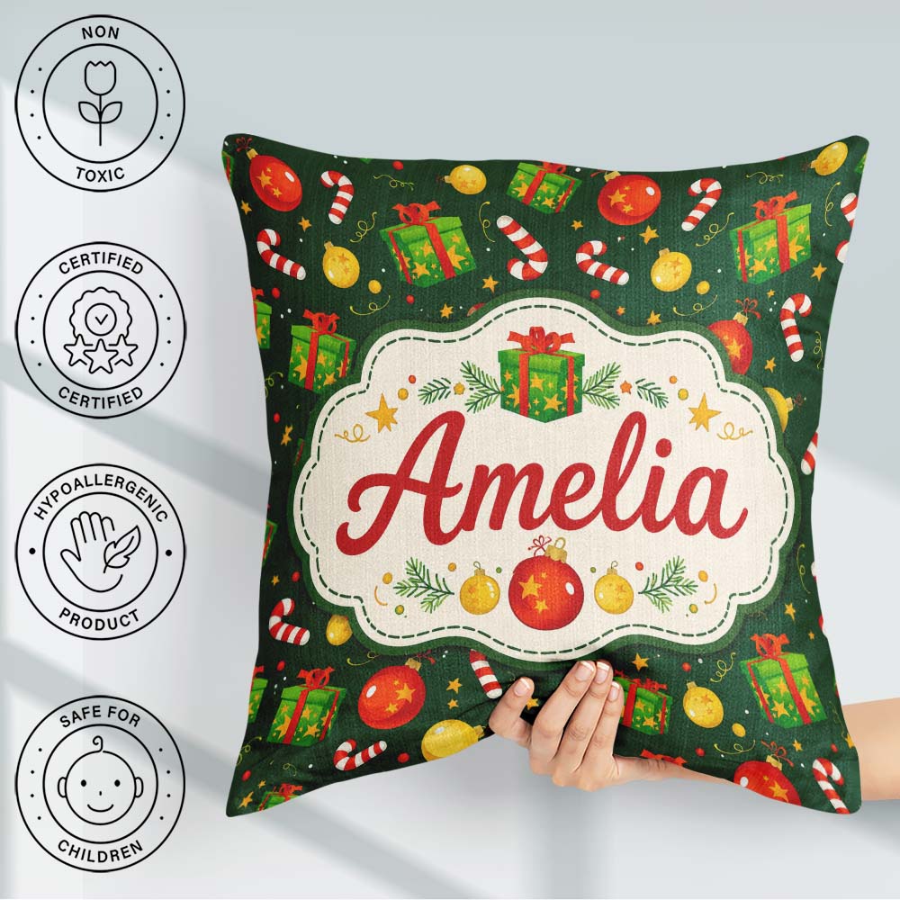 Custom Name Christmas Box Candy Cane Ornament Seamless Pattern Square Filled Cushion Throw Pillow Sofa Bed Home Decor Zip Washable UK Made