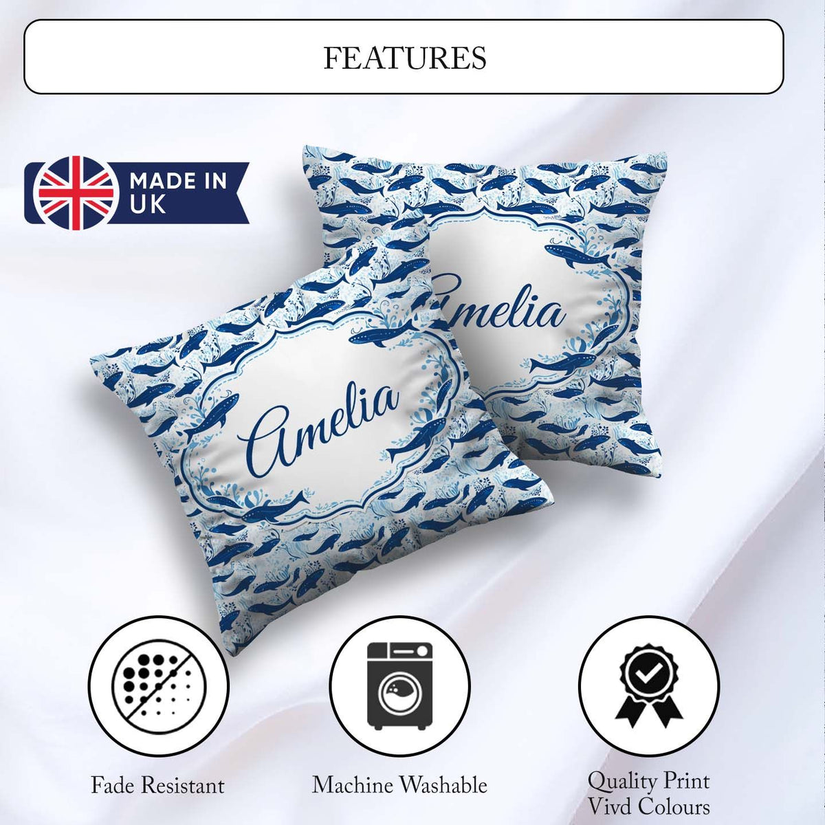 Custom Name Beige Whale Ocean Seamless Pattern Soft Marine Life Square Filled Cushion Throw Pillow Sofa Bed Home Decor Zip Washable UK Made