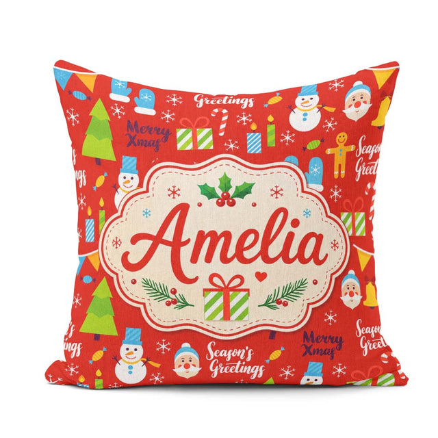 Custom Name Merry Christmas Santa Snowman Candy Greeting Pattern Square Filled Cushion Throw Pillow Sofa Bed Home Decor Zip Washable UK Made
