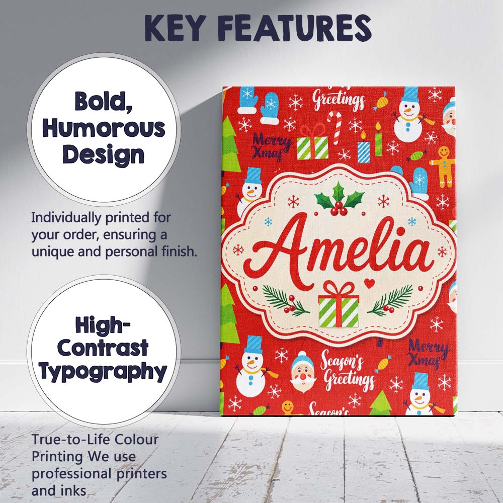 Personalised Name Merry Christmas Santa Custom  Modern Room Accent Elegant Feature Canvas Wall Art Print Decor Picture Ready to Hang
