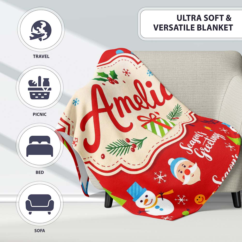 Merry Christmas Santa Snowman Candy Greeting Seamless Pattern Lovely  Personalised Custom Name Super Soft Fleece Blanket Bed Sofa Throw