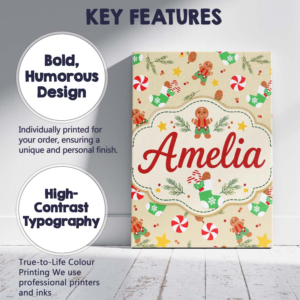 Personalised Name Cute Gingerbread Cookie Custom  Unique Gift Idea Elegant Feature Canvas Wall Art Print Decor Picture Ready to Hang