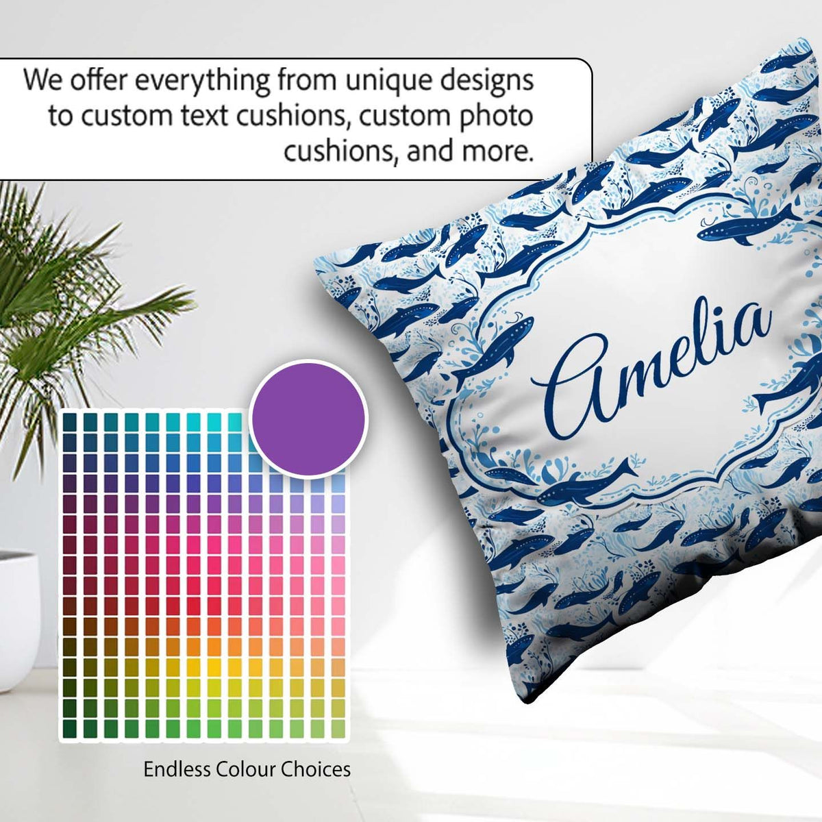 Custom Name Beige Whale Ocean Seamless Pattern Soft Marine Life Square Filled Cushion Throw Pillow Sofa Bed Home Decor Zip Washable UK Made