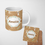 Personalized Custom Name Cute Baby Jungle Animals with Leaves on Warm Tan Background Seamless 11oz Ceramic Coffee Tea Mug White Large Handle