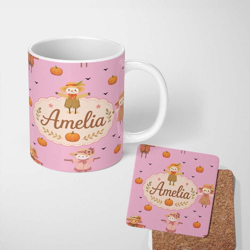 Personalized Custom Name Cute Autumn Scarecrow Pumpkin Birds Seamless Pattern Pink Background 11oz Ceramic Coffee Tea Mug White Large Handle