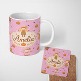 Personalized Custom Name Cute Autumn Scarecrow Pumpkin Birds Seamless Pattern Pink Background 11oz Ceramic Coffee Tea Mug White Large Handle