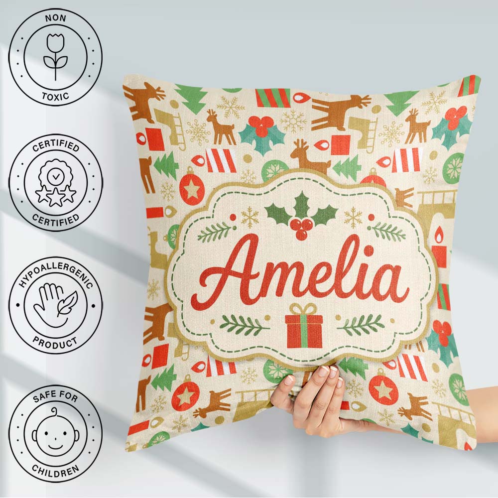 Custom Name Reindeer Christmas Tree Ornament Seamless Pattern Square Filled Cushion Throw Pillow Sofa Bed Home Decor Zip Washable UK Made