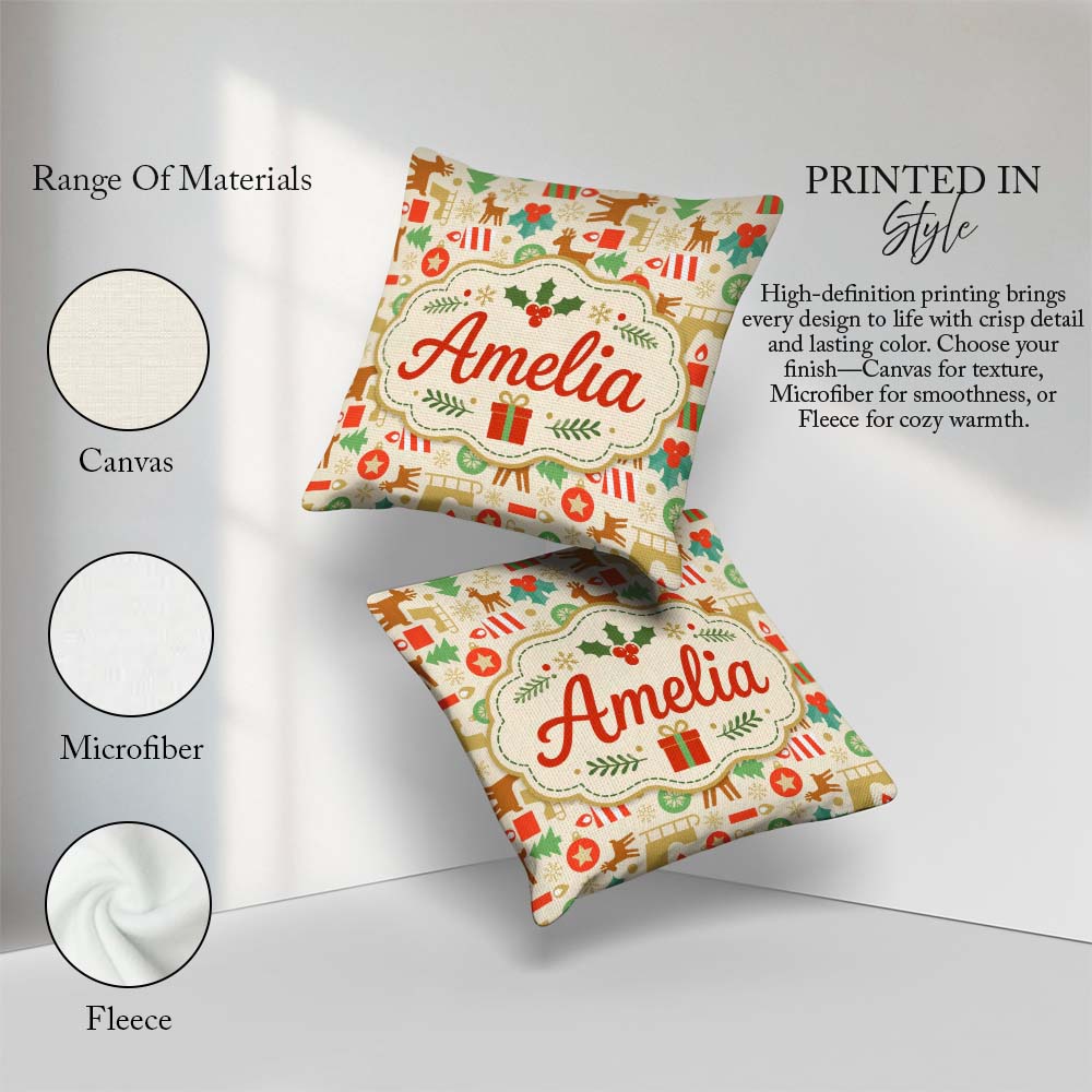 Custom Name Reindeer Christmas Tree Ornament Seamless Pattern Square Filled Cushion Throw Pillow Sofa Bed Home Decor Zip Washable UK Made