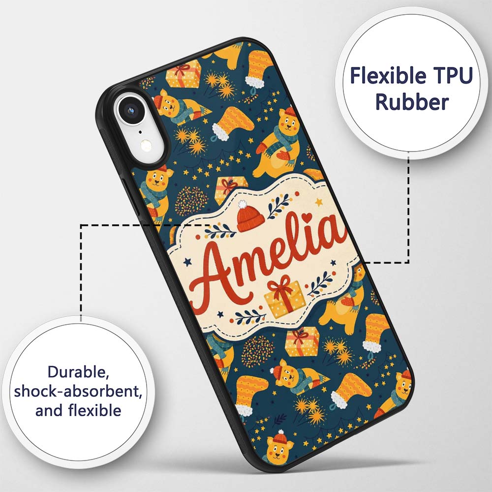 Cute Christmas Bear Scarf Gift Box Printed Design Custom Name Protective Phone Case Mobile Cover Durable Everyday Smartphone Shock Resistant