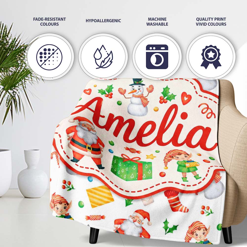Watercolor Santa Reindeer Snowman Elf Seamless Pattern Lovely  Personalised Custom Name Super Soft Fleece Blanket Bed Sofa Throw