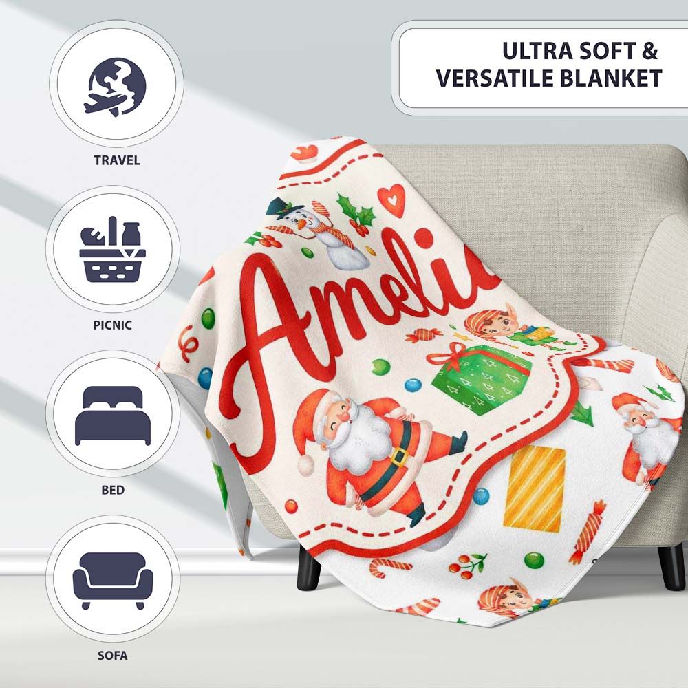 Watercolor Santa Reindeer Snowman Elf Seamless Pattern Lovely  Personalised Custom Name Super Soft Fleece Blanket Bed Sofa Throw