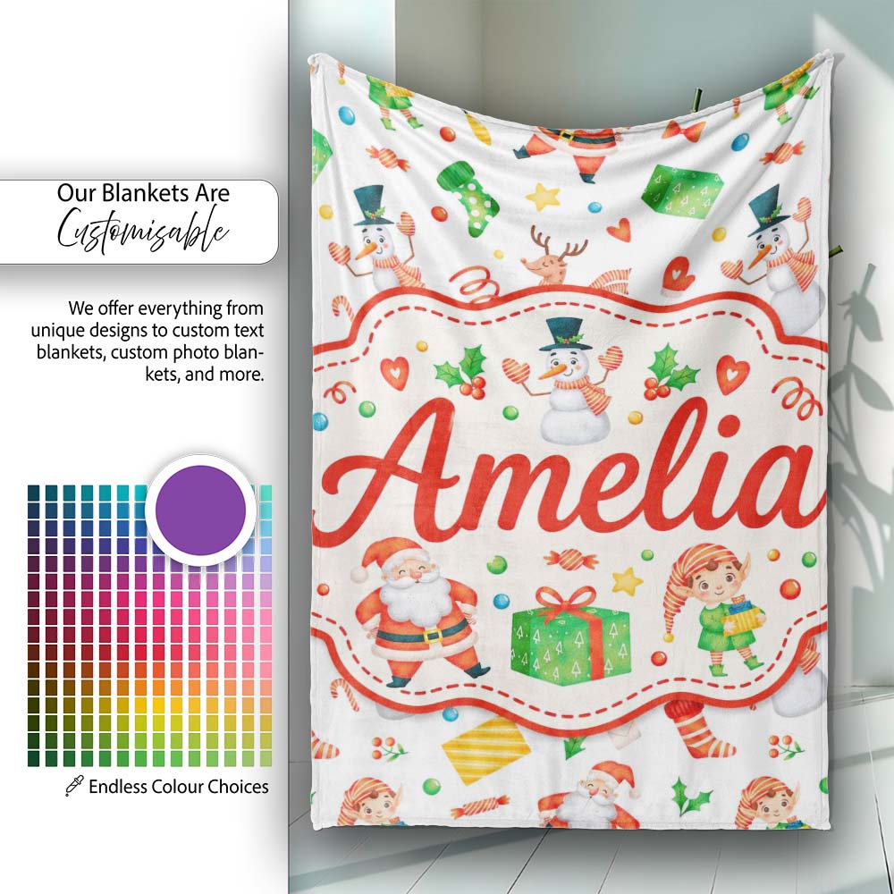 Watercolor Santa Reindeer Snowman Elf Seamless Pattern Lovely  Personalised Custom Name Super Soft Fleece Blanket Bed Sofa Throw