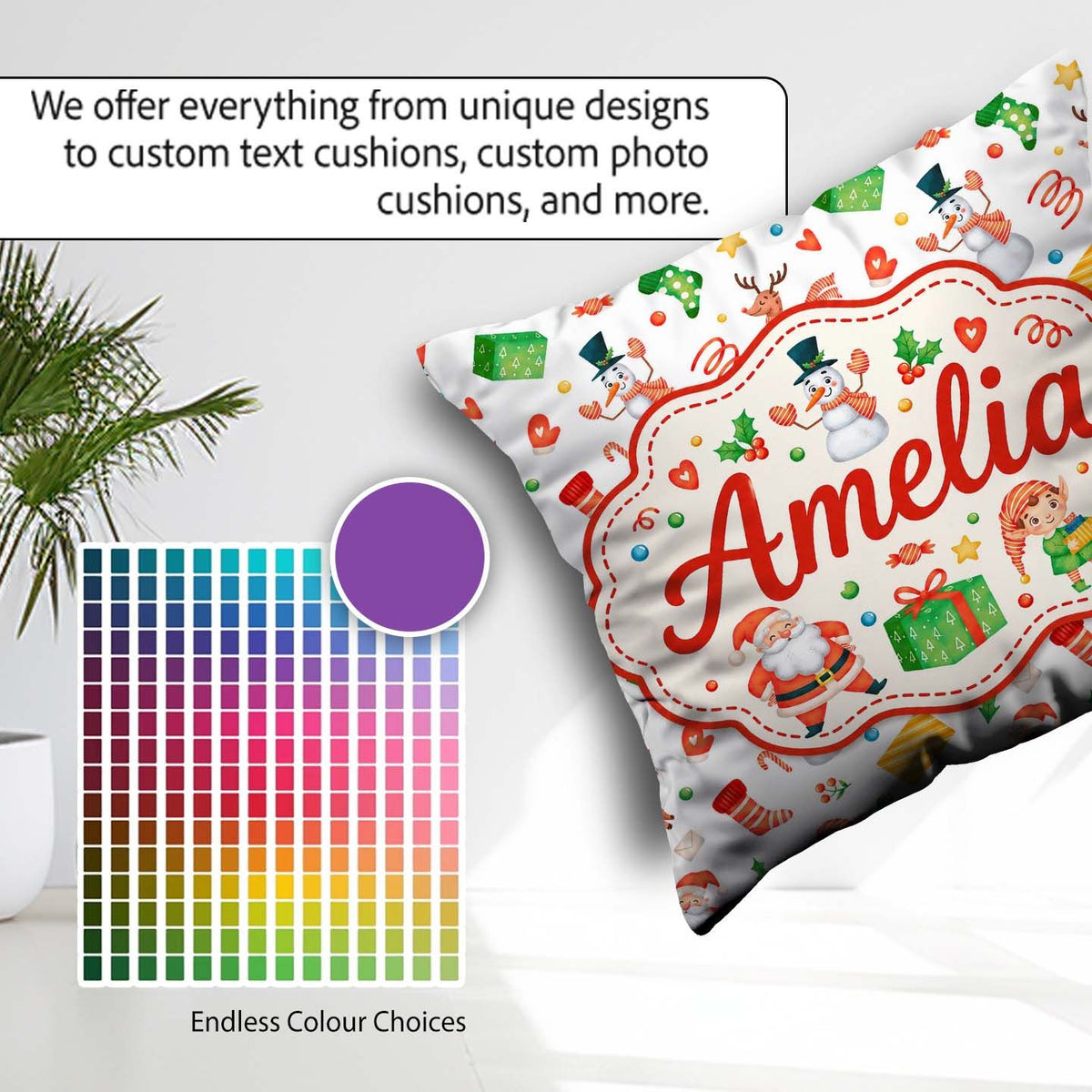 Custom Name Watercolor Santa Reindeer Snowman Elf Pattern Lovely Square Filled Cushion Throw Pillow Sofa Bed Home Decor Zip Washable UK Made