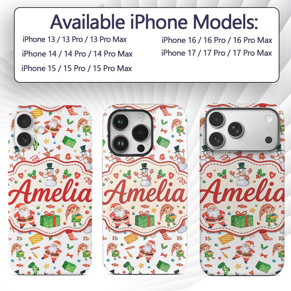 Watercolor Santa Reindeer Snowman Elf Seamless Custom Name Protective Phone Case Mobile Cover Durable Everyday Smartphone Shock Resistant