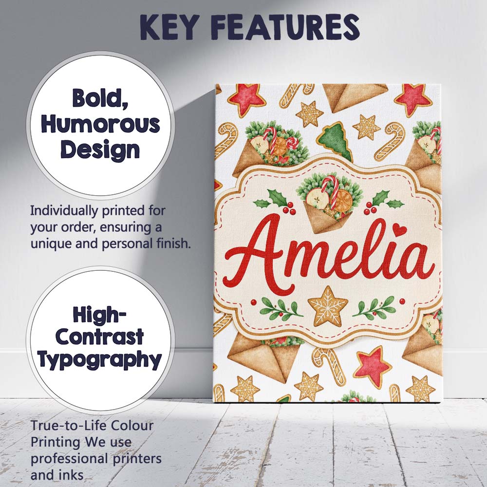 Personalised Name Watercolor Christmas Custom  Modern Room Accent Elegant Feature Canvas Wall Art Print Decor Picture Ready to Hang