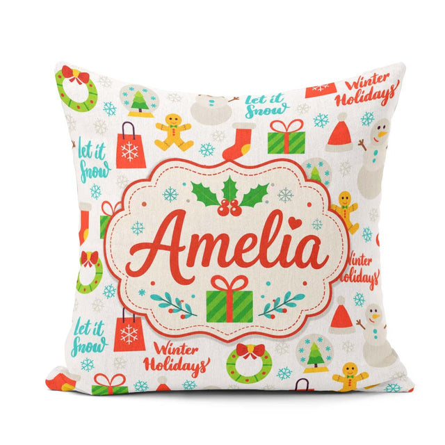 Custom Name Winter Holidays Snowman Gift Bag Gingerbread Pattern Square Filled Cushion Throw Pillow Sofa Bed Home Decor Zip Washable UK Made
