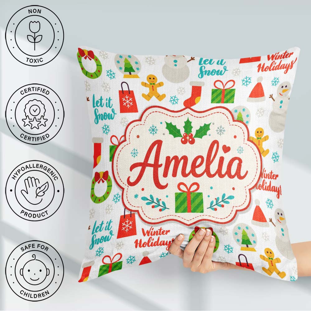 Custom Name Winter Holidays Snowman Gift Bag Gingerbread Pattern Square Filled Cushion Throw Pillow Sofa Bed Home Decor Zip Washable UK Made
