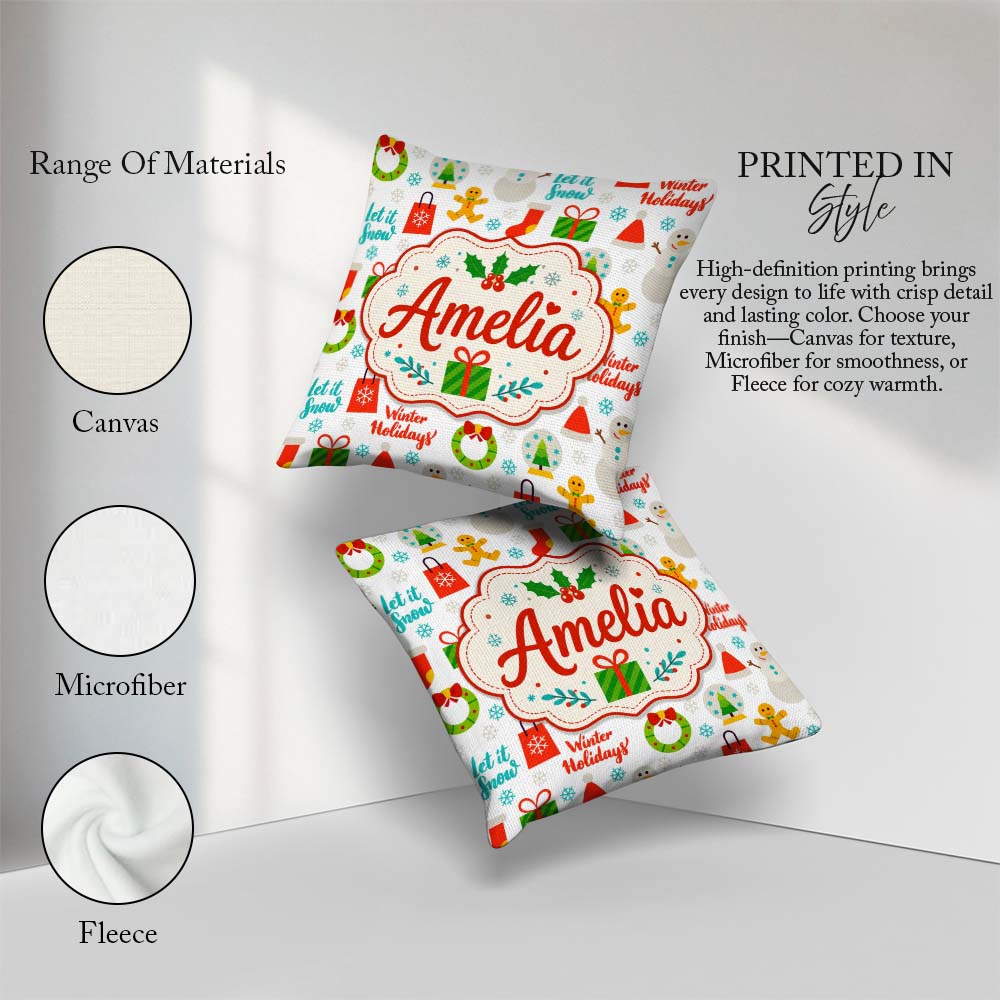 Custom Name Winter Holidays Snowman Gift Bag Gingerbread Pattern Square Filled Cushion Throw Pillow Sofa Bed Home Decor Zip Washable UK Made