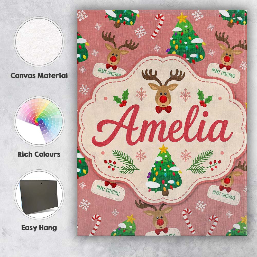 Personalised Name Cute Reindeer Christmas Custom  Unique Gift Idea Elegant Feature Canvas Wall Art Print Decor Picture Ready to Hang
