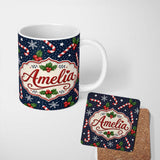 Personalized Custom Name Christmas Candy Cane Holly Snowflakes Dark Seamless Pattern Lovely 11oz Ceramic Coffee Tea Mug White Large Handle