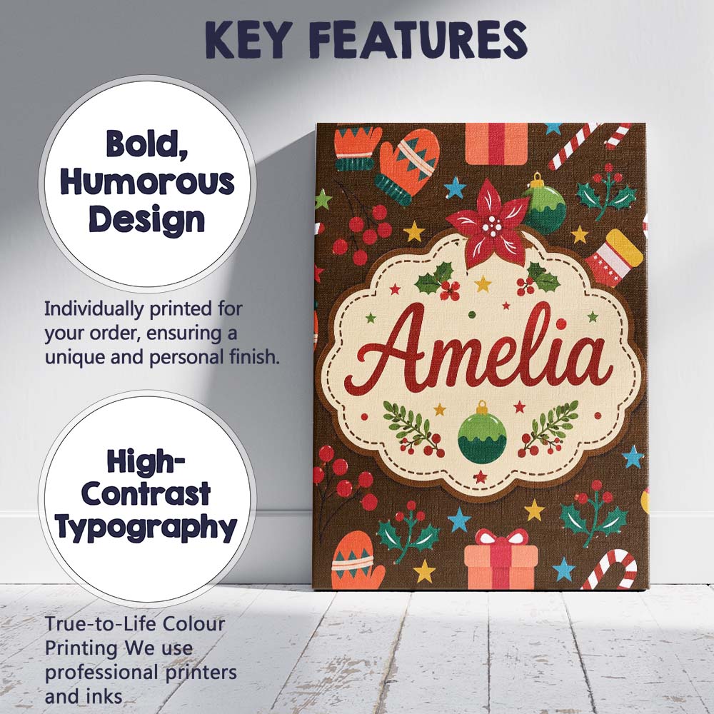 Personalised Name Christmas Ornament Holly Custom  Unique Gift Idea Elegant Feature Canvas Wall Art Print Decor Picture Ready to Hang