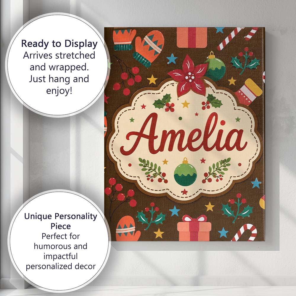 Personalised Name Christmas Ornament Holly Custom  Unique Gift Idea Elegant Feature Canvas Wall Art Print Decor Picture Ready to Hang