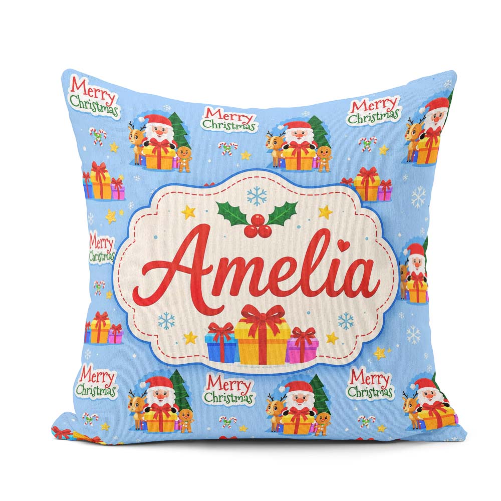 Custom Name Cute Santa Reindeer Merry Christmas Seamless Pattern Square Filled Cushion Throw Pillow Sofa Bed Home Decor Zip Washable UK Made