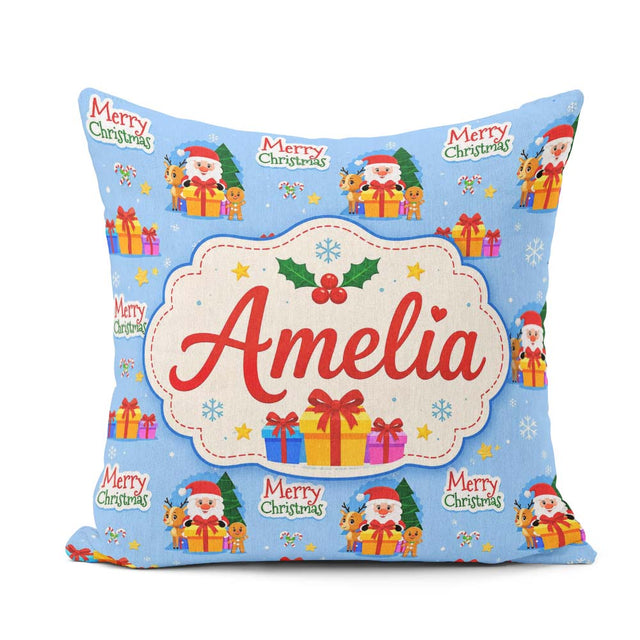 Custom Name Cute Santa Reindeer Merry Christmas Seamless Pattern Square Filled Cushion Throw Pillow Sofa Bed Home Decor Zip Washable UK Made