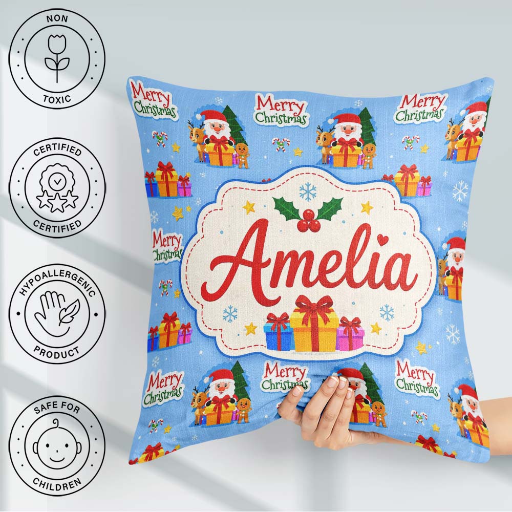 Custom Name Cute Santa Reindeer Merry Christmas Seamless Pattern Square Filled Cushion Throw Pillow Sofa Bed Home Decor Zip Washable UK Made