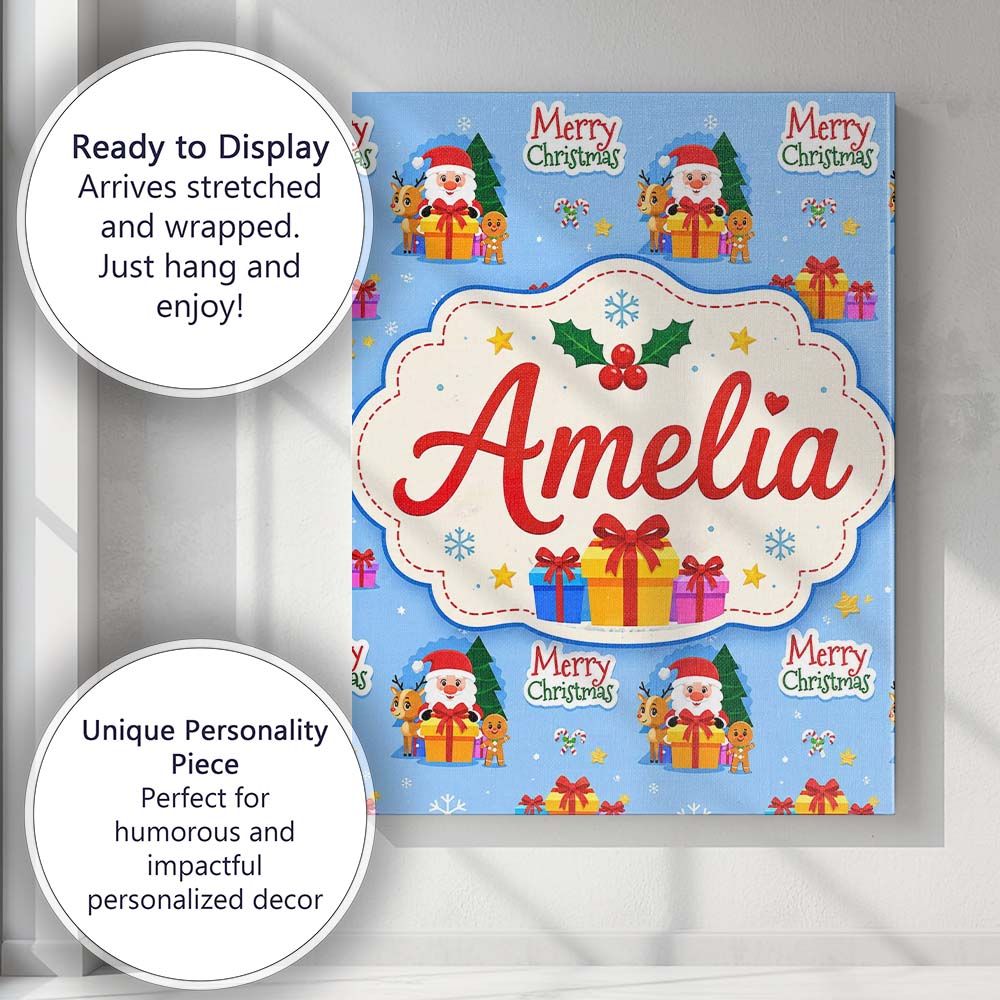 Personalised Name Cute Santa Reindeer Custom Modern Room Accent Creative Decorator Style Canvas Wall Art Print Decor Picture Ready to Hang
