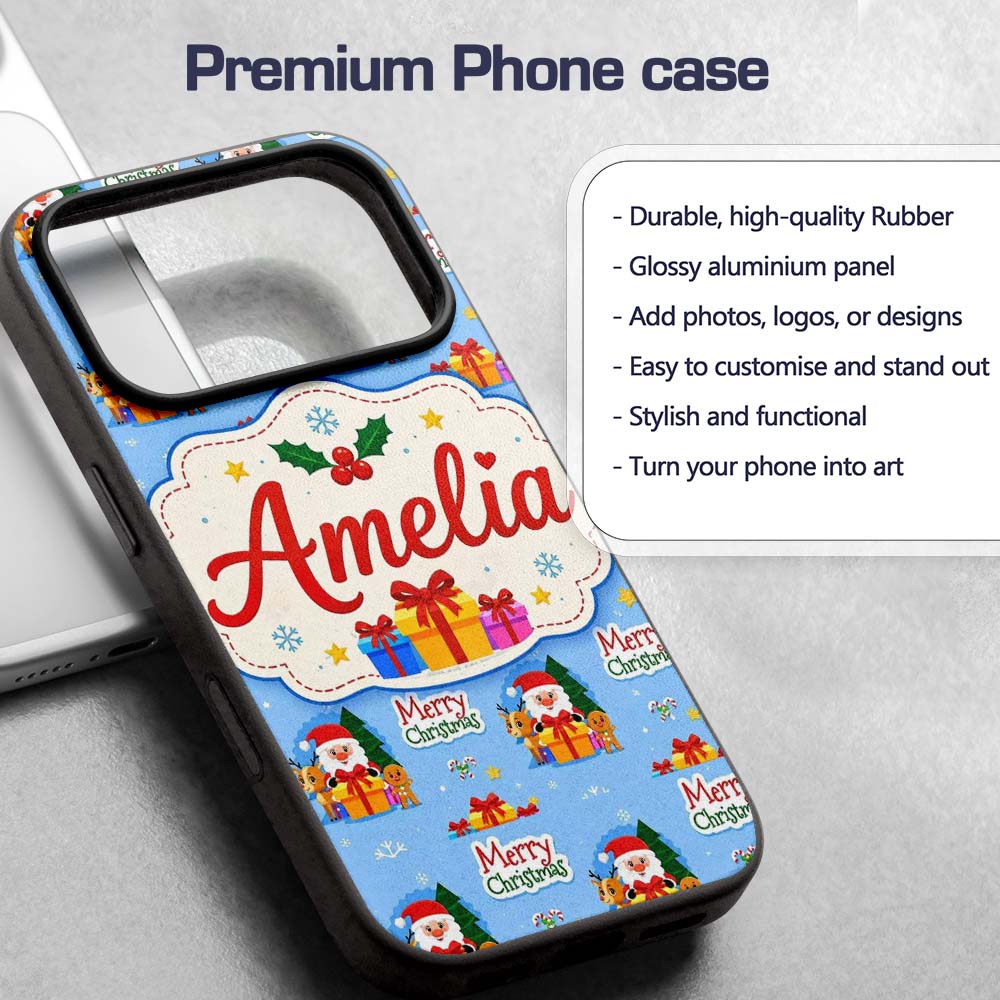 Cute Santa Reindeer Gingerbread Merry Christmas Custom Name Protective Phone Case Mobile Cover Durable Everyday Smartphone Shock Resistant